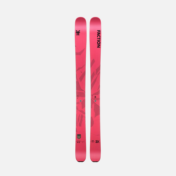 Topsheet of Faction Agent 3X, pink freeride ski on a grey background.