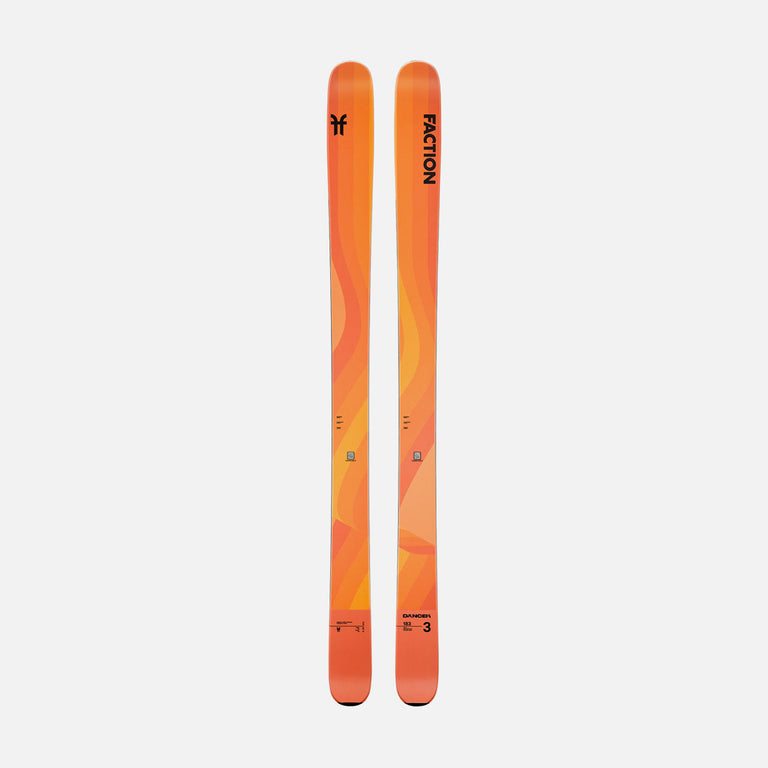 Topsheet of Faction Dancer 3, orange freeride ski on a grey background.