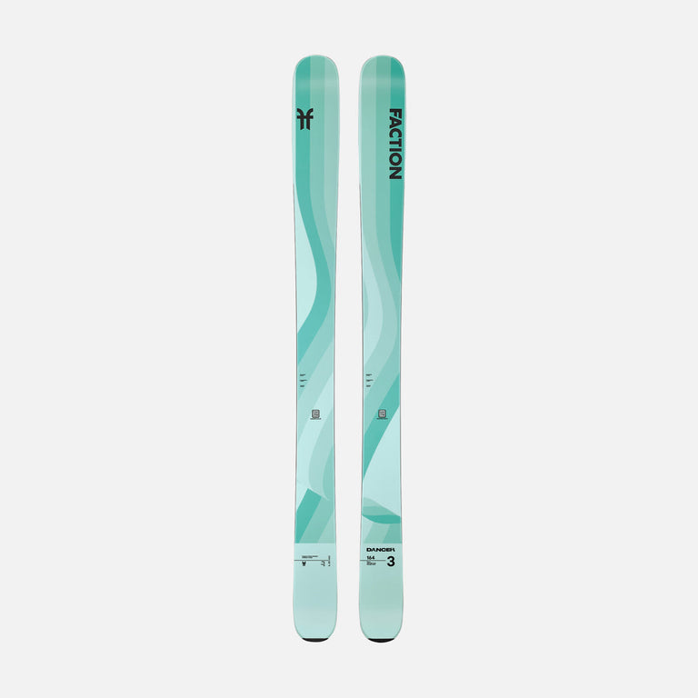 Topsheet of Faction Dancer 3, turquoise freeride ski on a grey background.