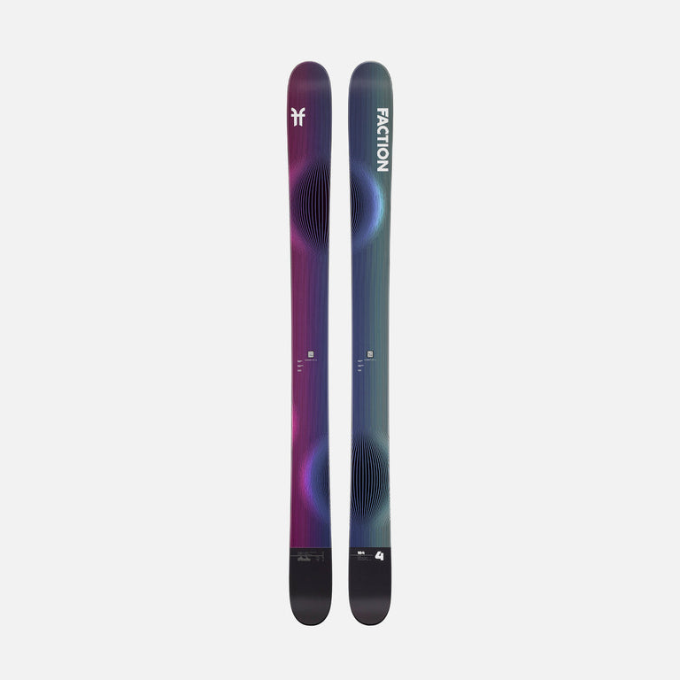 Topsheet of Faction Studio 4, purple and blue freeride ski on a grey background.