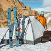 Person winter camping with skis Faction Agent 2 freetouring ski